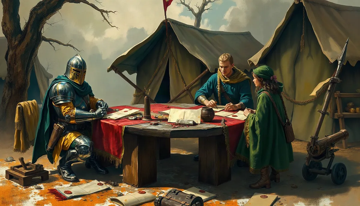 A war council in a tent: a knight, a scout and a hedge-witch over a map