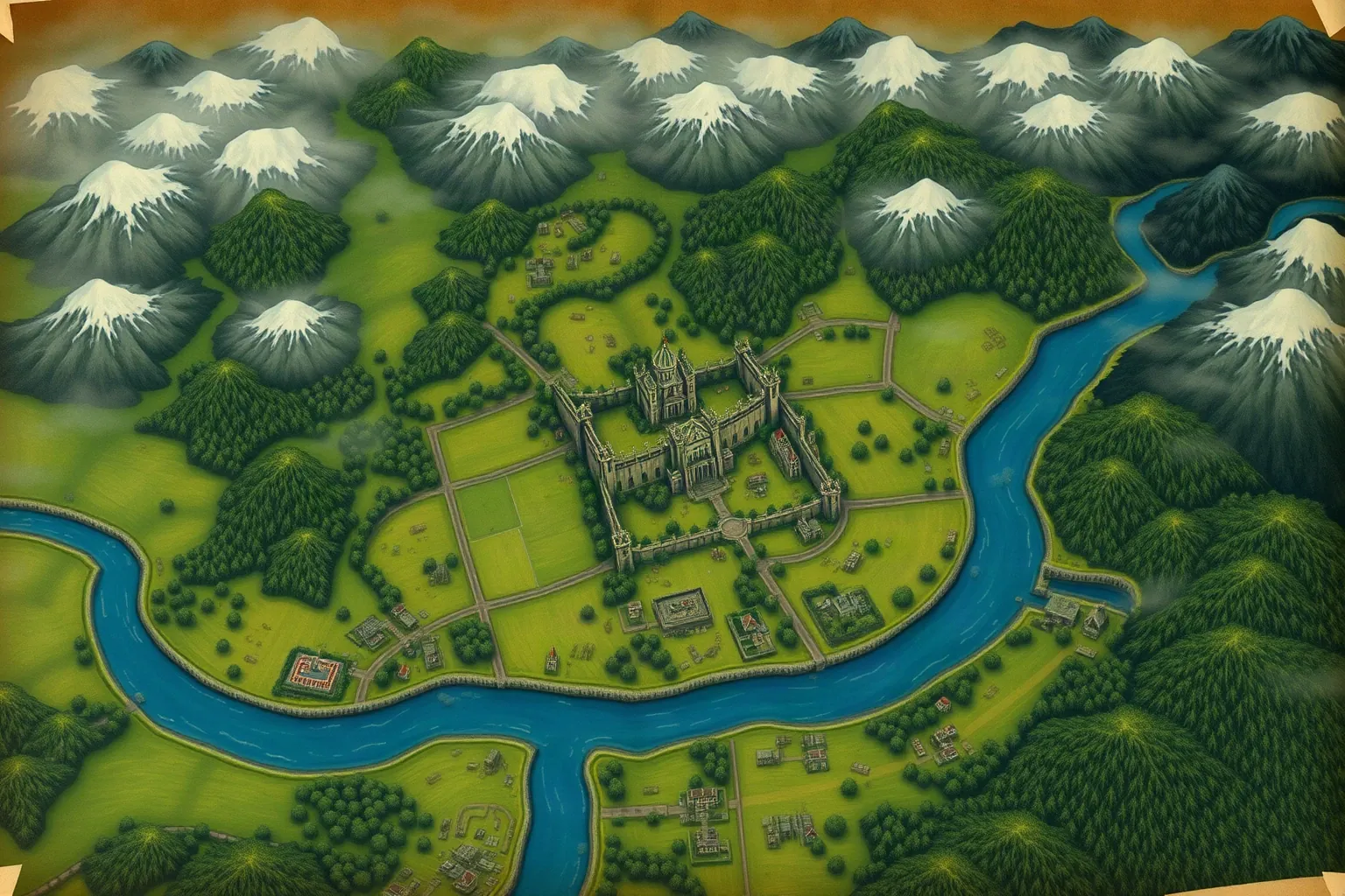 The painted map of the realm, with mountains, forests, a winding river and the capital
