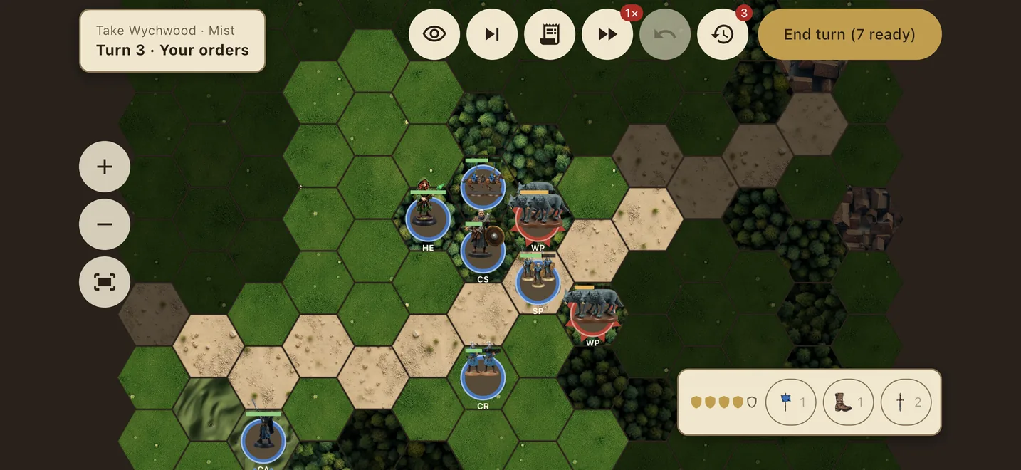 A hex battle: blue mercenary miniatures facing bandits across a river ford