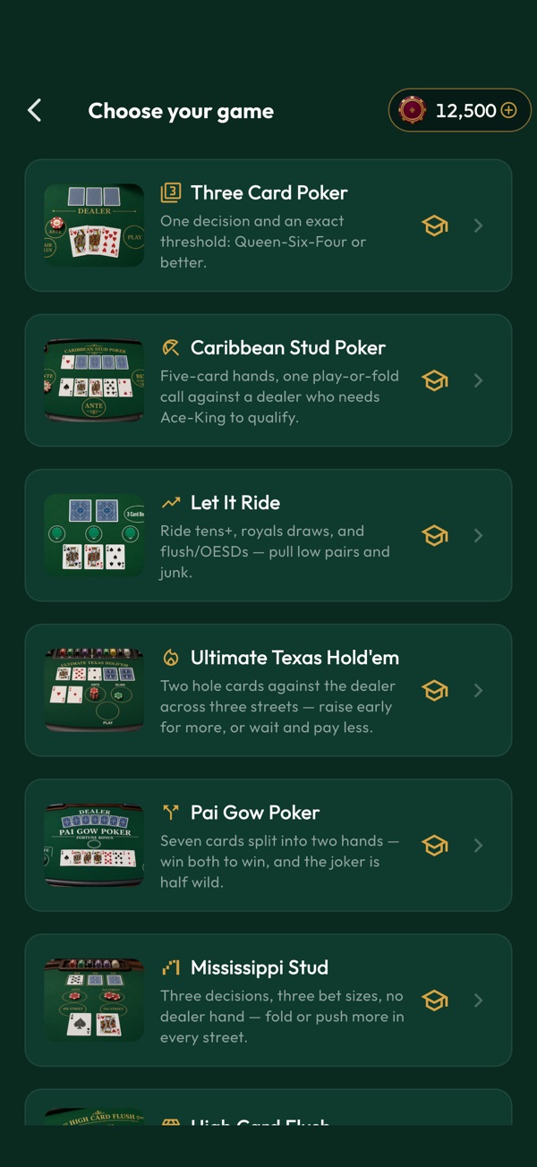 The eleven casino table games in Casino Odds Strategy Trainer