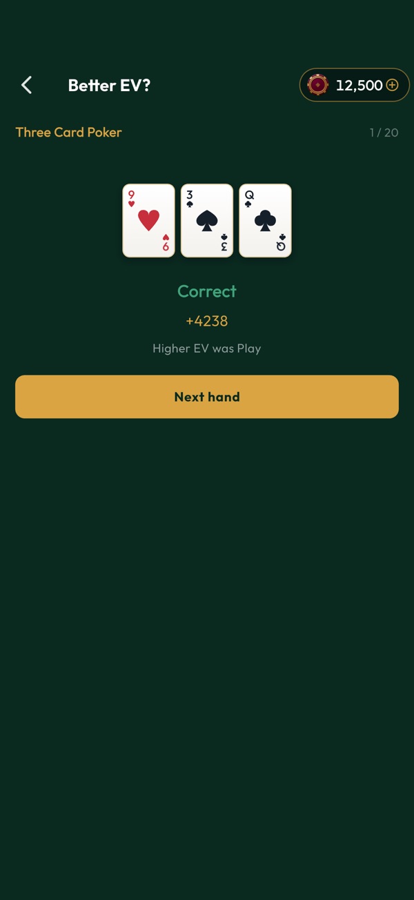 Casino Odds Strategy Trainer grading a Three Card Poker decision as correct, with the expected value of the play