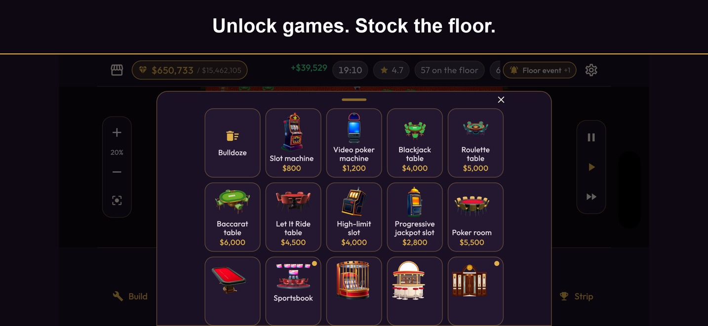 The build menu in Casino Tycoon: Vegas Empire with slots, video poker and table games