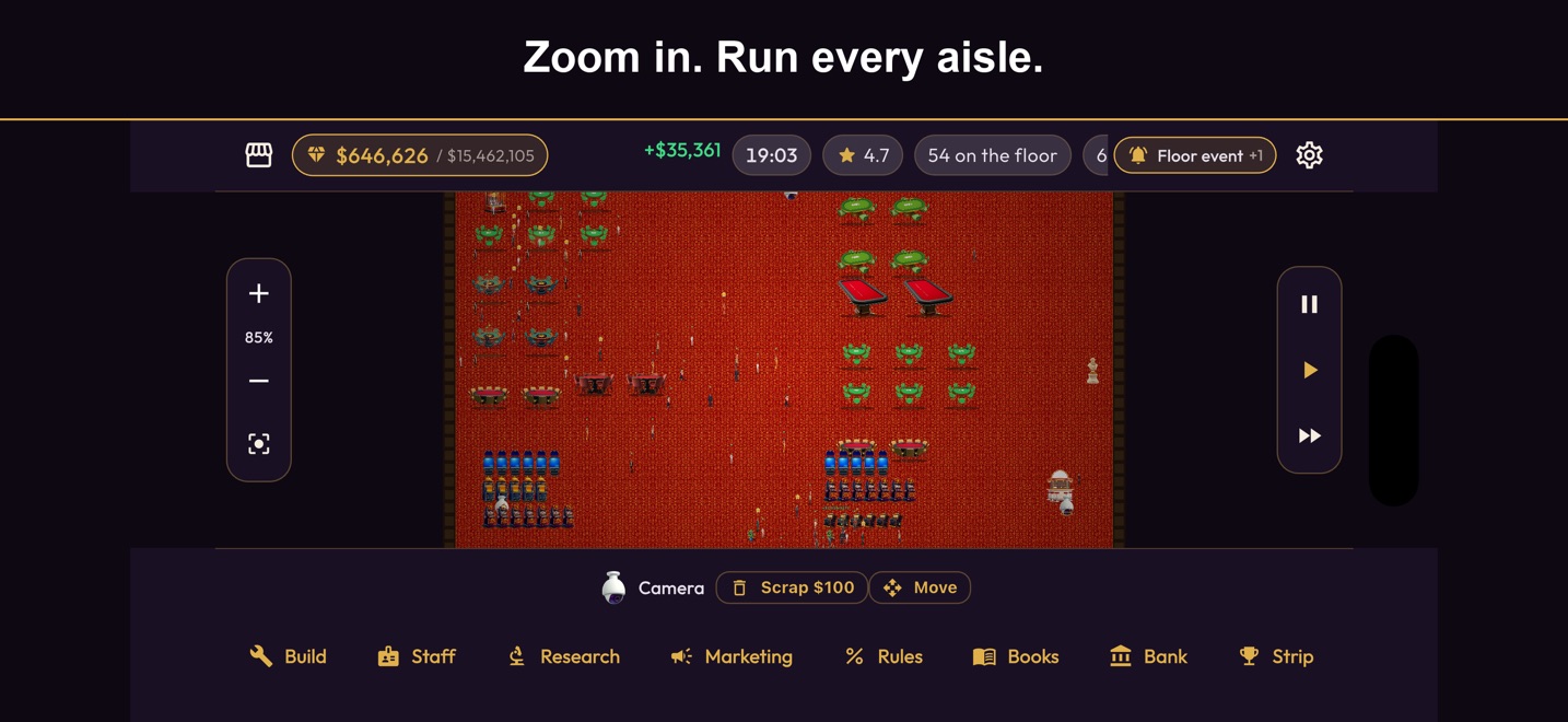 A busy casino floor in Casino Tycoon: Vegas Empire with the Rules menu for setting house edge