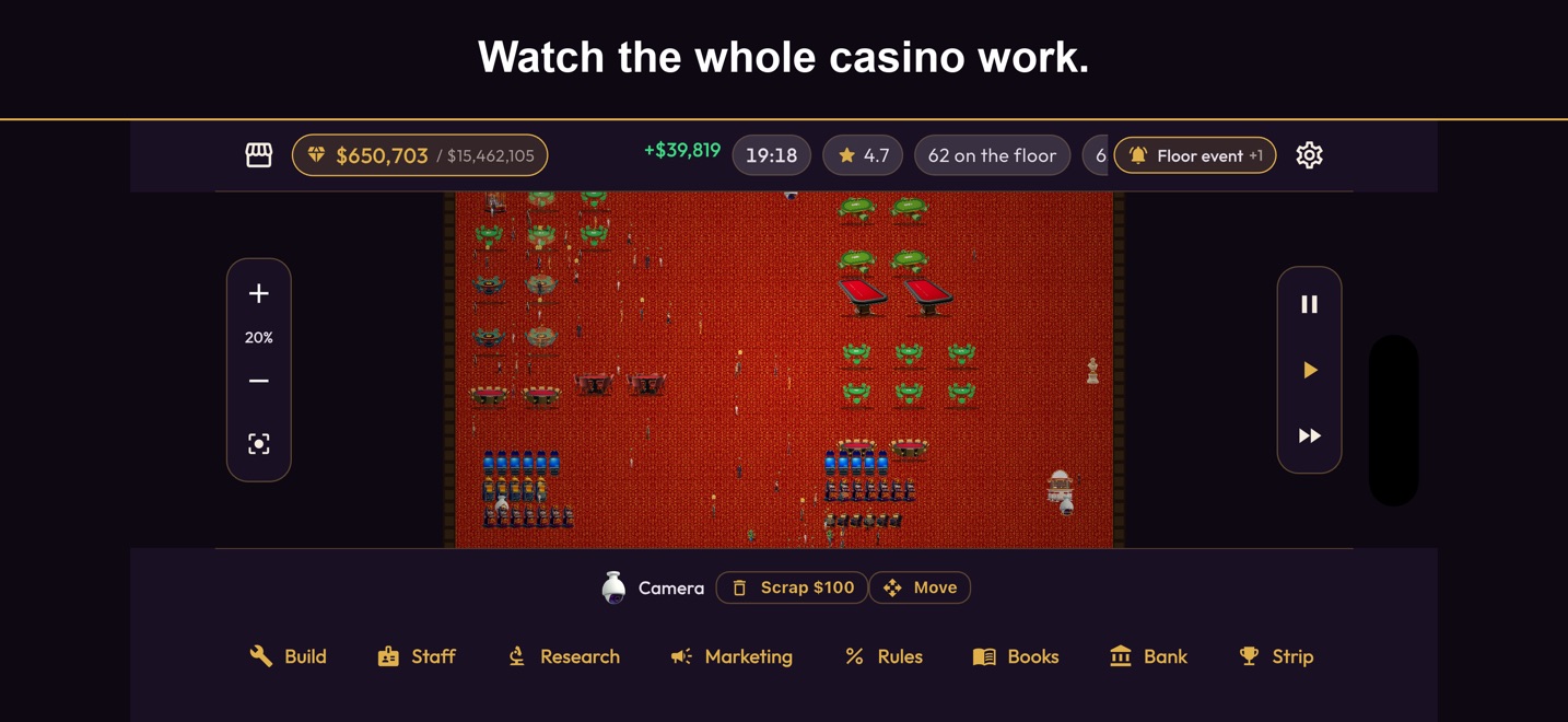 A busy casino floor in a casino tycoon game, seen from above