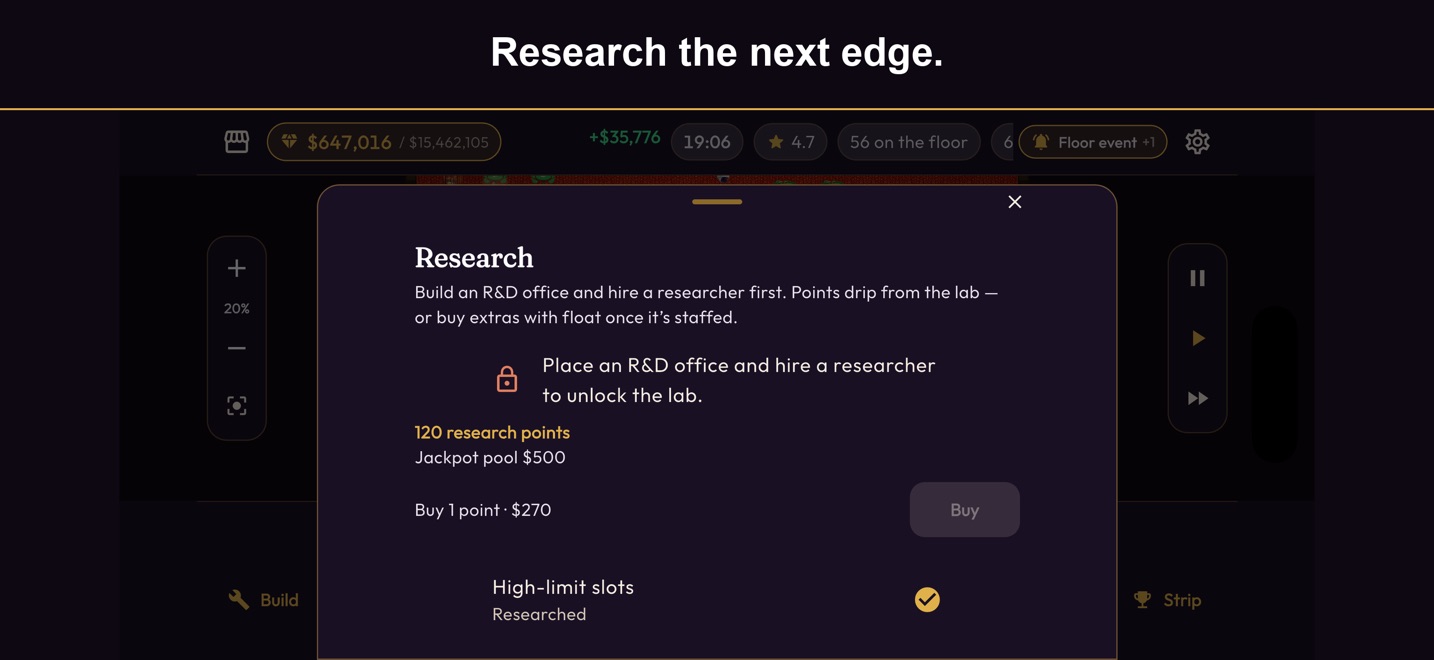 Research screen unlocking high-limit slots