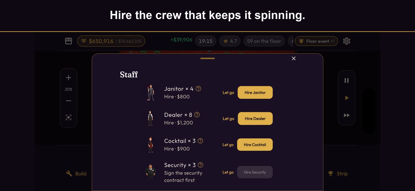 Staff screen for hiring janitors, dealers, cocktail servers and security