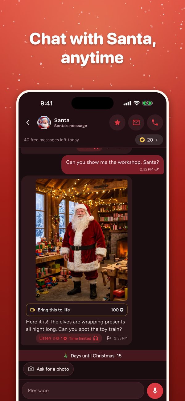 Chat with Santa app: Santa sends an AI-generated photo from the workshop in a text chat