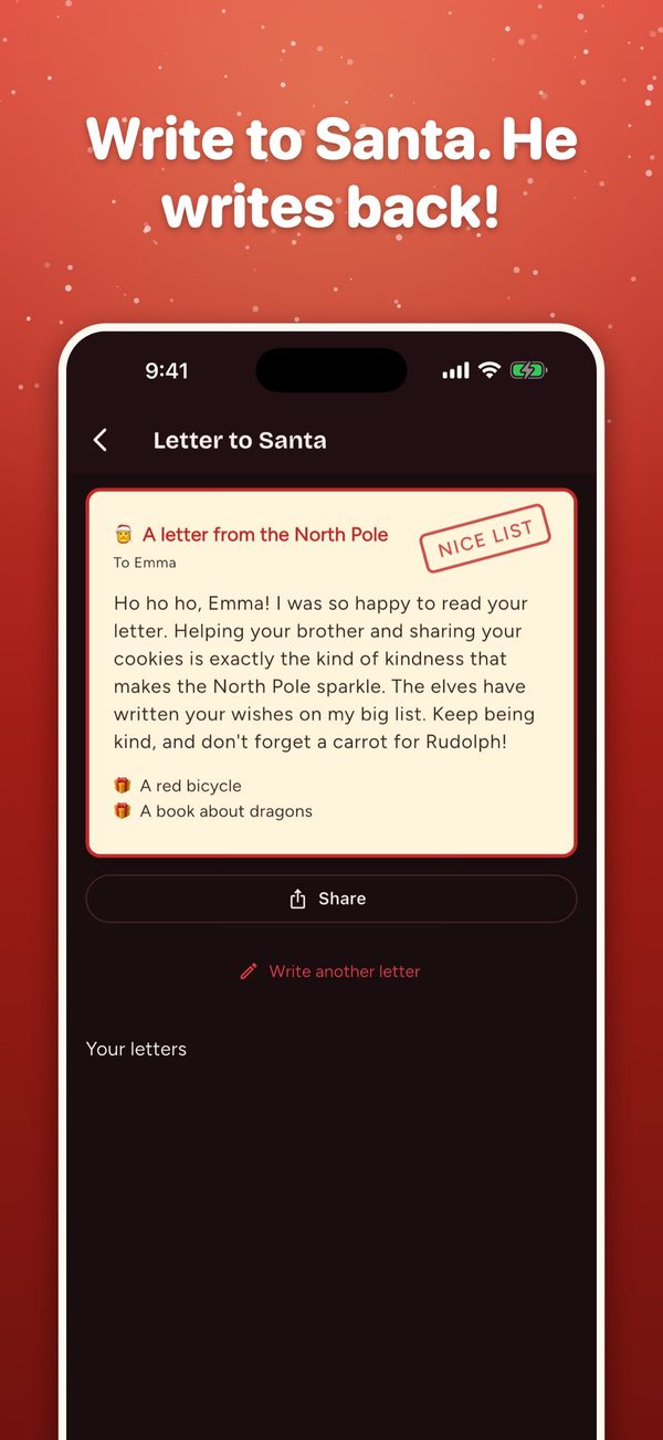 A reply to a letter to Santa with a Nice List stamp